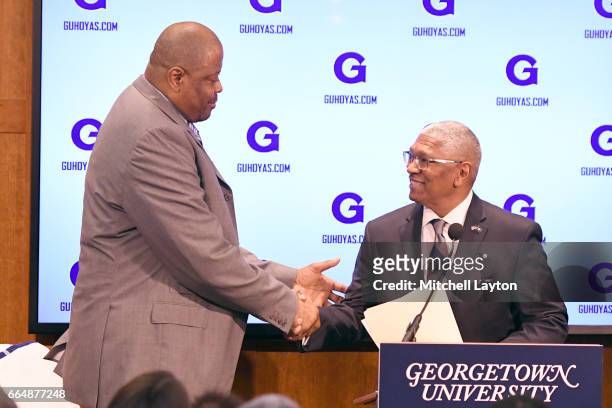 Georgetown University athletic director Lee Reed introduces NBA Hall of Famer and former Georgetown Hoyas player Patrick Ewing as the Georgetown...