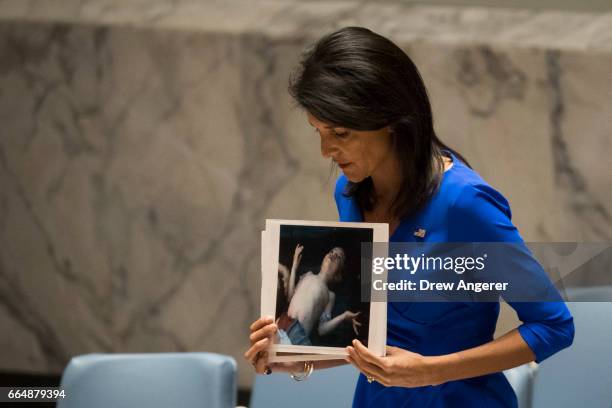 Ambassador to the United Nations Nikki Haley holds a photo of a victim of the Syrian chemical attack during a meeting of the United Nations Security...