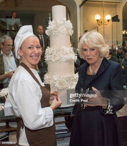 Camilla, Duchess of Cornwall visits Cafe Demel on April 5, 2017 in Vienna, Austria. Their Royal Highnesses observed pastry chefs demonstrating...