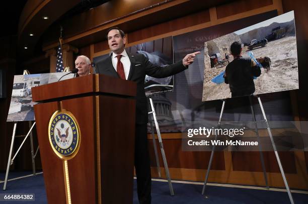 Sen. Marco Rubio speaks during a press conference at the U.S. Capitol April 5, 2017 in Washington, DC. Rubio and Sen. Ben Cardin spoke out on reports...