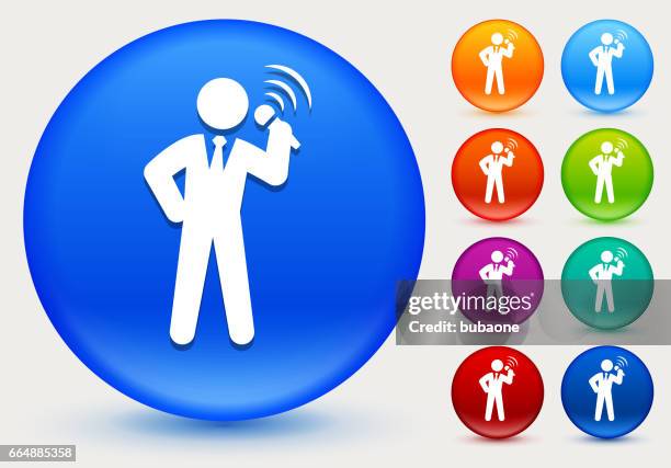 ilustraciones, imágenes clip art, dibujos animados e iconos de stock de icono de hablar en público en círculo brillante color botones - monólogos cómicos