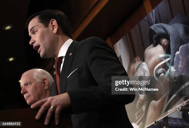 Sen. Marco Rubio speaks during a press conference at the U.S. Capitol April 5, 2017 in Washington, DC. Rubio and Sen. Ben Cardin spoke out on reports...