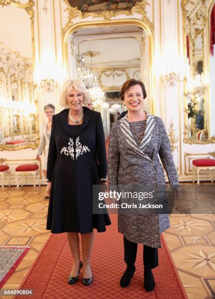 Camilla, Duchess of Cornwall and Austrian First Lady, Doris Schmidauer tour the Hofburg Palace on April 5, 2017 in Vienna, Austria. Her Royal...