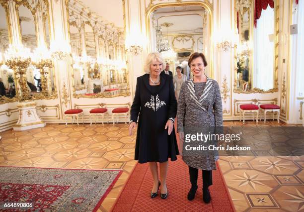 Camilla, Duchess of Cornwall and Austrian First Lady, Doris Schmidauer tour the Hofburg Palace on April 5, 2017 in Vienna, Austria. Her Royal...