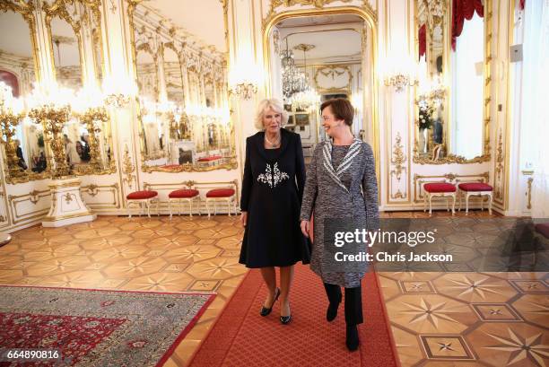 Camilla, Duchess of Cornwall and Austrian First Lady, Doris Schmidauer tour the Hofburg Palace on April 5, 2017 in Vienna, Austria. Her Royal...