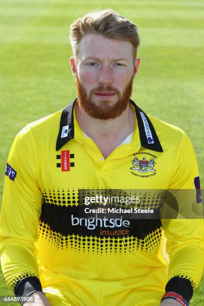 Liam Norwell of Gloucestershire in the T20 NatWest Blast kit during the Gloucestershire County Cricket photocall at The Brightside Ground on April 5,...