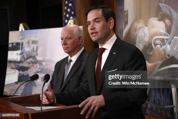 Sen. Marco Rubio speaks during a press conference at the U.S. Capitol April 5, 2017 in Washington, DC. Rubio and Sen. Ben Cardin spoke out on reports...