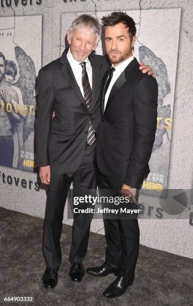 Actors Scott Glenn and Justin Theroux attend the premiere of HBO's 'The Leftovers' Season 3 at Avalon Hollywood on April 4, 2017 in Los Angeles,...