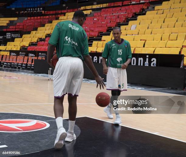 Viny Okouo, #2 of Unicaja Malaga and Jamar Smith, #15 warm up prior the 2016-2017 7Days Eurocup Finals Leg 3 Valencia Basket v Unicaja Malaga at...