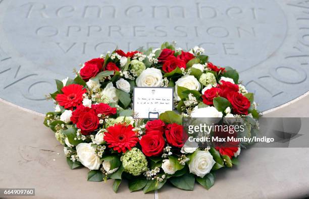 Wreath laid by Prince William, Duke of Cambridge before attending a Service of Hope at Westminster Abbey on April 5, 2017 in London, England. The...