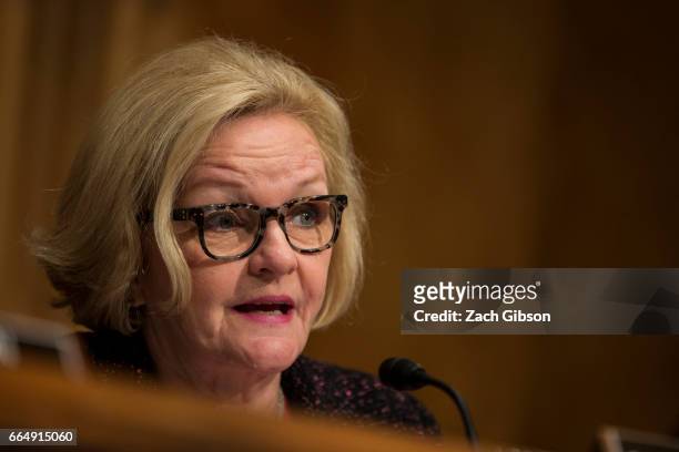 Senate Homeland Ranking Member Sen. Claire McCaskill speaks during a Senate Homeland Security Committee hearing on April 5, 2017 on Capitol Hill in...