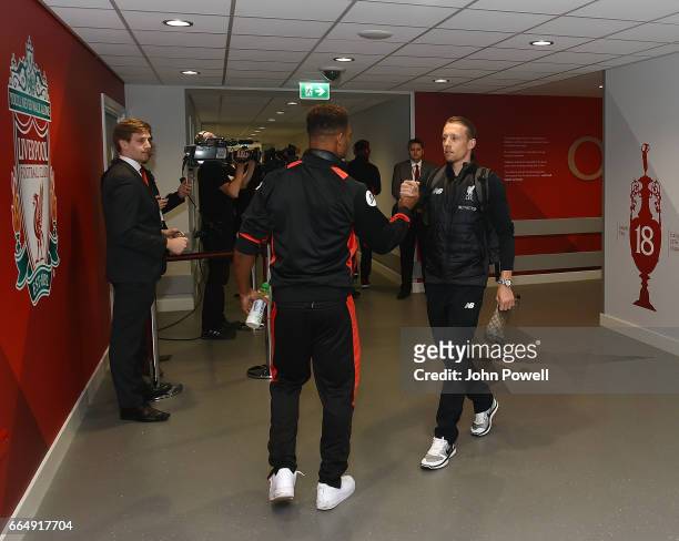 Lucas Leiva of Liverpool shakes hands with Jordon Ibe of AFC Bournemouth before the Premier League match between Liverpool and AFC Bournemouth at...