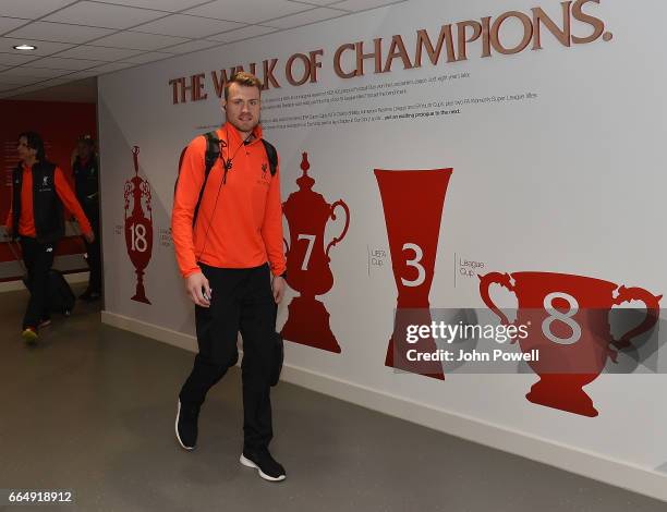 Simon Mignolet of Liverpool arrives before the Premier League match between Liverpool and AFC Bournemouth at Anfield on April 5, 2017 in Liverpool,...