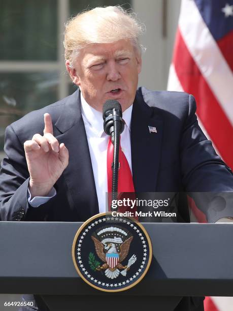 President Donald Trump speaks during a news conference with King Abdullah II of Jordan in the Rose Garden of the White House April 5, 2017 in...