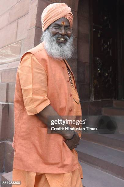 Lok Sabha MP Sakshi Maharaj arrives for attending the Parliament Budget Session on April 5, 2017 in New Delhi, India. Employees suffering injury in...