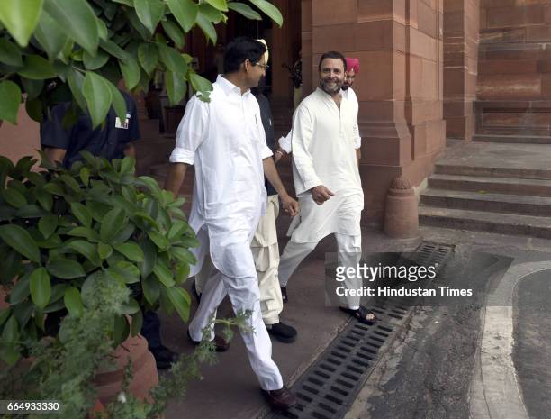 Congress Vice President Rahul Gandhi with other MPs leaves attending the Parliament Budget Session on April 5, 2017 in New Delhi, India. Employees...