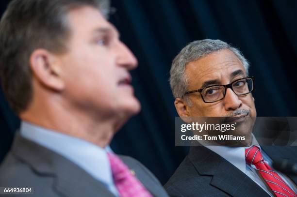 Reps. Bobby Scott, D-Va., right, and Sen. Joe Manchin, D-W.Va., conduct a news conference in the Capitol Visitor Center to introduce miner's health...