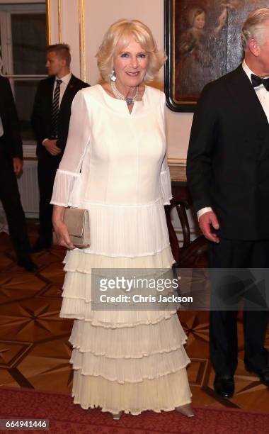Camilla, Duchess of Cornwall arrives at the Hofburg Palace for a State Dinner on April 5, 2017 in Vienna, Austria. Her Royal Highness will accompany...