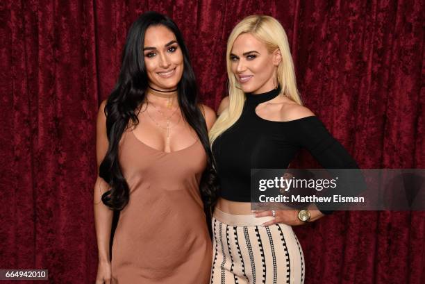 Professional wrestlers Nikki Bella and Lana visit SiriusXM Studios on April 5, 2017 in New York City.