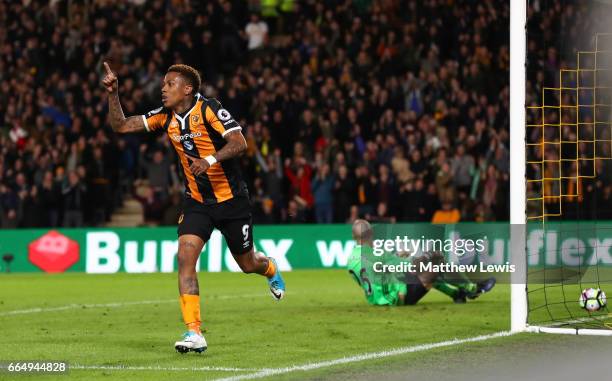 Abel Hernandez of Hull City celebrates scoring his sides third goal during the Premier League match between Hull City and Middlesbrough at the KCOM...