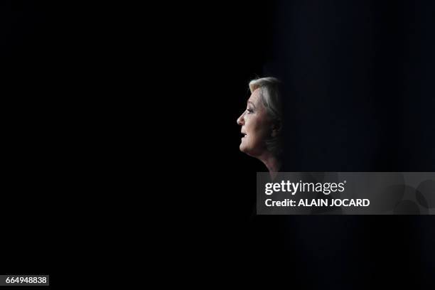 French presidential election candidate for the far-right Front National party Marine Le Pen speaks during a rally in Monswiller, north-eastern...