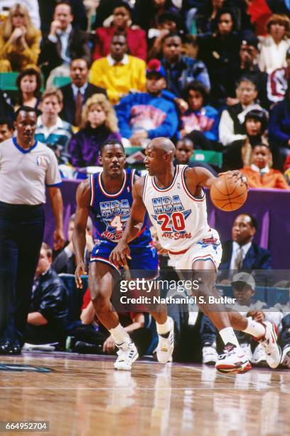 Terry Porter of the Western Conference All-Stars dribbles during the 1993 NBA All-Star Game on February 21, 1993 at the Delta Center in Salt Lake...