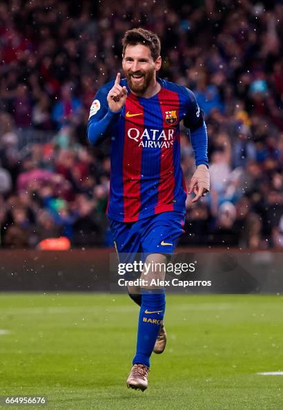 Lionel Messi of FC Barcelona celebrates after scoring his team's