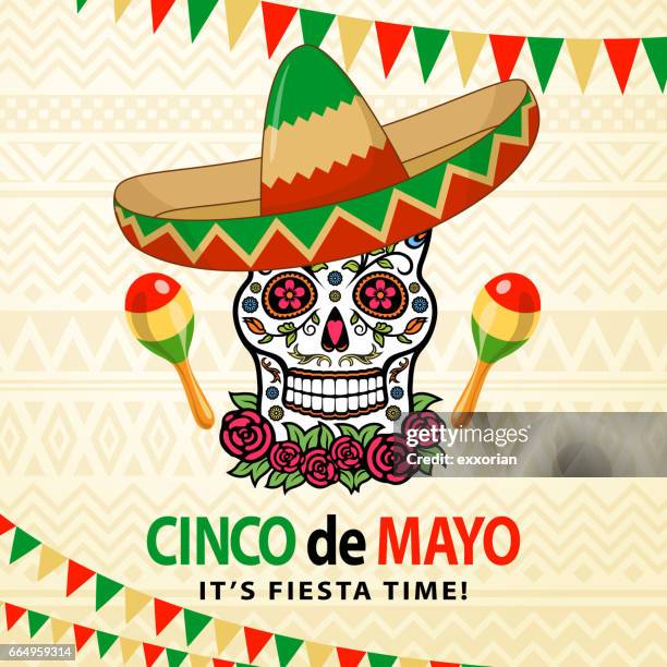 cinco de mayo sugar skull - mexican sombrero stock illustrations