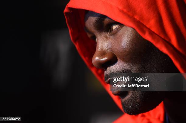 Anthony Johnson interacts with media during the UFC 210 Ultimate Media Day inside the KeyBank Center on April 5, 2017 in Buffalo, New York.