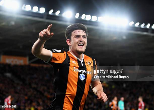 Harry Maguire of Hull City celebrates scoring his sides fourth goal during the Premier League match between Hull City and Middlesbrough at the KCOM...