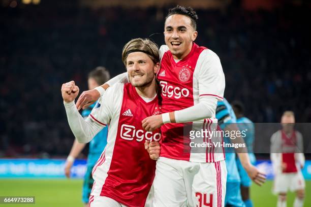 Lasse Schone of Ajax, Abdelhak Nouri of Ajax 3-1during the Dutch Eredivisie match between Ajax Amsterdam and AZ Alkmaar at the Amsterdam Arena on...