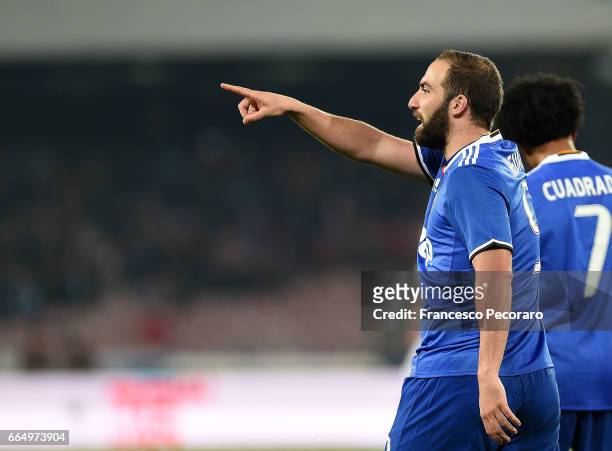 Gonzalo Higuain of Juventus FC celebrates after scoring goal 1-2 during the TIM Cup match between SSC Napoli and Juventus FC at Stadio San Paolo on...