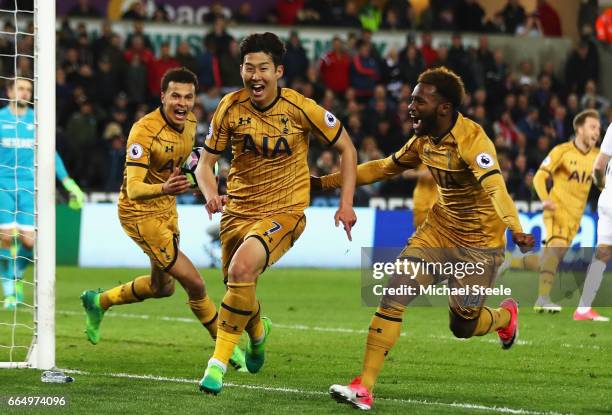 Heung-Min Son of Tottenham Hotspur celebrates scoring his sides second goal during the Premier League match between Swansea City and Tottenham...