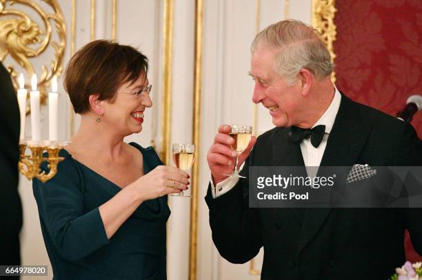 Prince Charles, Prince of Wales shares a toast with Doris Schmidauer at the Hofburg Palace during a State Dinner on April 5, 2017 in Vienna, Austria....