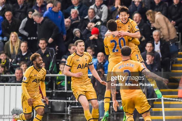 Tottenham Celebrates their final goal during the Premier League match between Swansea City and Tottenham Hotspur at The Liberty Stadium on April 5,...