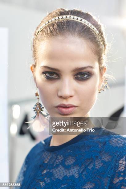 Model poses backstage before the Elie Saab show as part of the Paris Fashion Week Womenswear Fall/Winter 2017/2018 on March 4, 2017 in Paris, France.