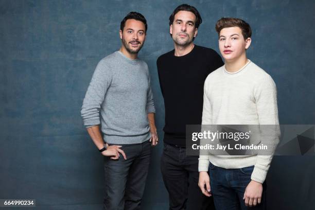 Actor Jack Huston, director Alexandre Moors, and actor Tye Sheridan, from the film, "Yellow Birds," are photographed at the 2017 Sundance Film...