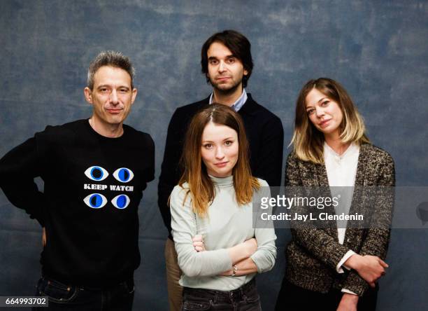 Actor Adam Horowitz, actress Emily Browning, director Alex Ross Perry, and actress Analeigh Tipton, from the film Golden Exits, are photographed at...