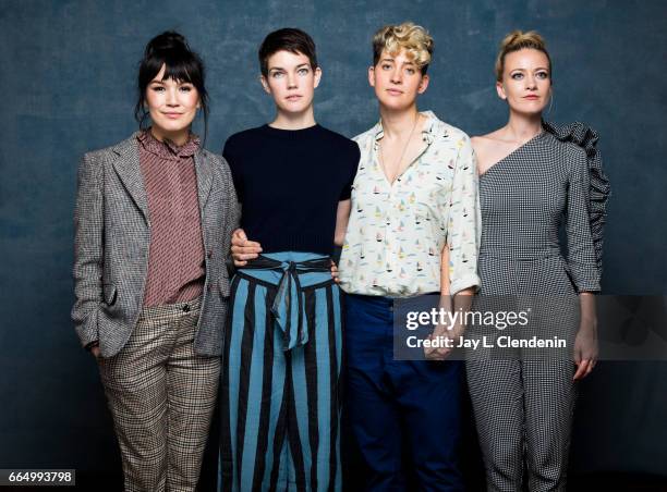 Actress Zoe Chao, co-director Celia Rowlson-Hall, co-director Mia Lidofsky and actress Meredith Hagner, from the television movie Strangers, are...