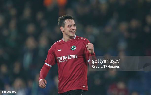 Edgar Prib of Hannover after scoring his teams goal during the friendly match between Hannover 96 an FC Schalke 04 at HDI-Arena on March 23, 2017 in...