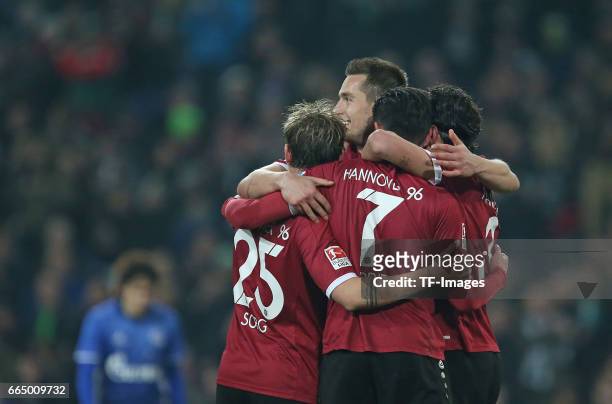 Edgar Prib of Hannover after scoring his teams goal during the friendly match between Hannover 96 an FC Schalke 04 at HDI-Arena on March 23, 2017 in...