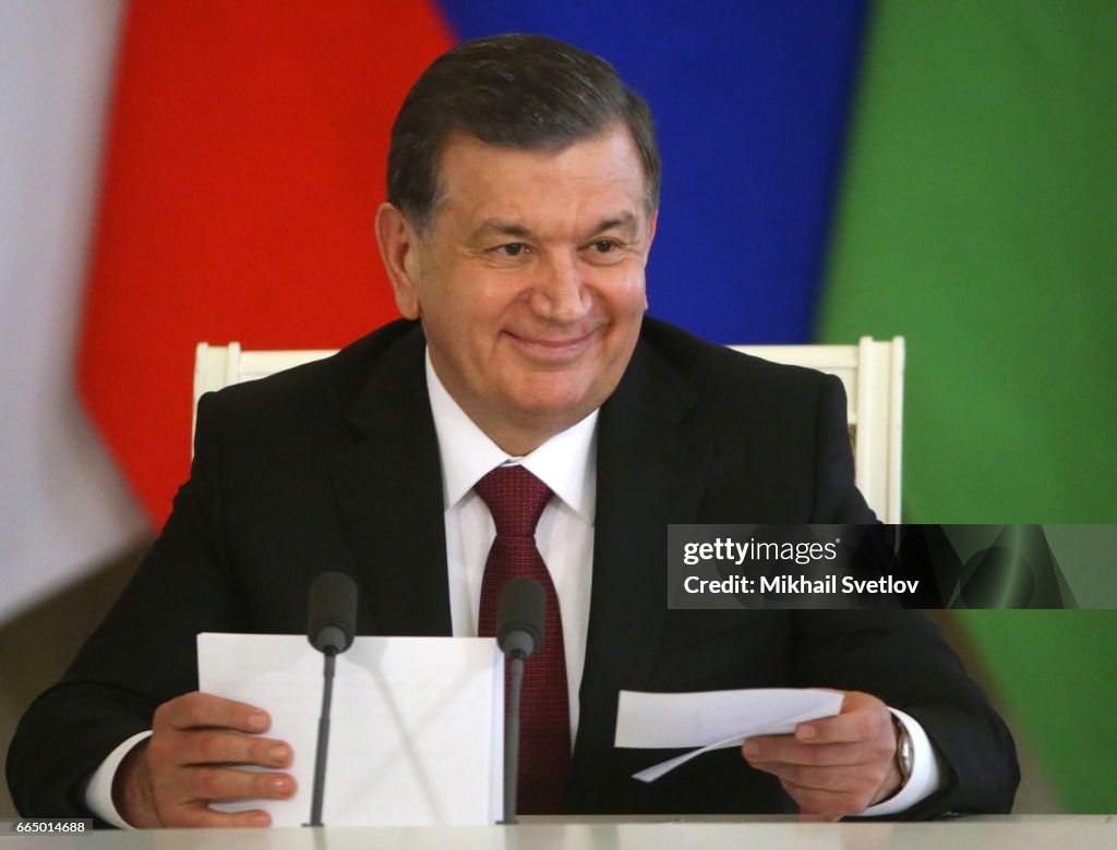 Russian President Vladimir Putin receives Uzbek President Shavkat Mirziyoyev in Moscow