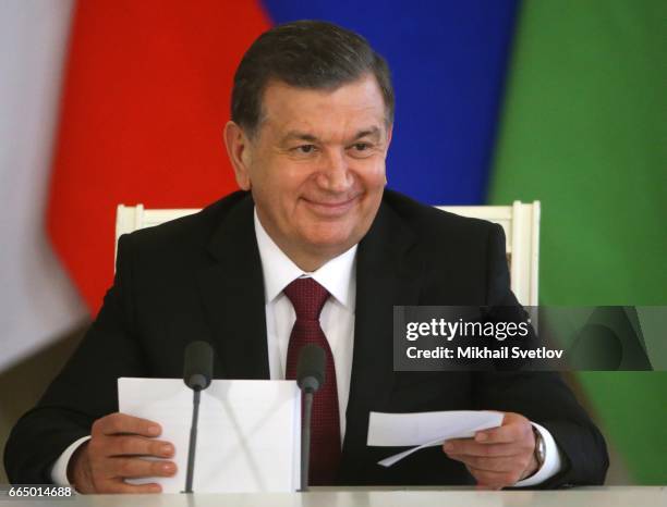 Uzbek President Shavkat Mirziyoyev attends the Russian-Uzbek talks at the Grand Kremlin Palace April 5, 2017 in Moscow, Russia. Miziyoyev is on his...