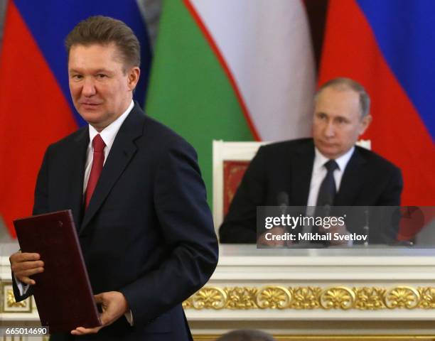 Gazprom's CEO Alexei Miller attends a signing ceremony at the Grand Kremlin Palace April 5, 2017 in Moscow, Russia.