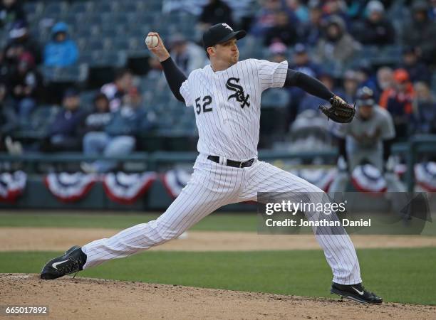 Jake Petricka of the Chicago White Sox pitches against the Detroit Tigers during the opening day game at Guaranteed Rate Field on April 4, 2017 in...