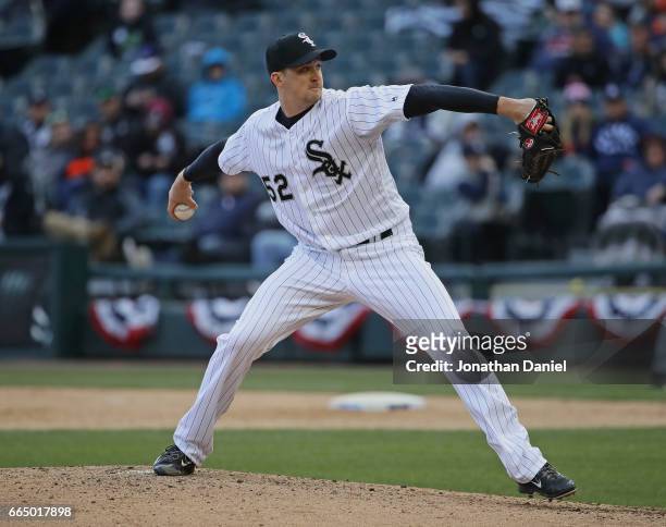 Jake Petricka of the Chicago White Sox pitches against the Detroit Tigers during the opening day game at Guaranteed Rate Field on April 4, 2017 in...