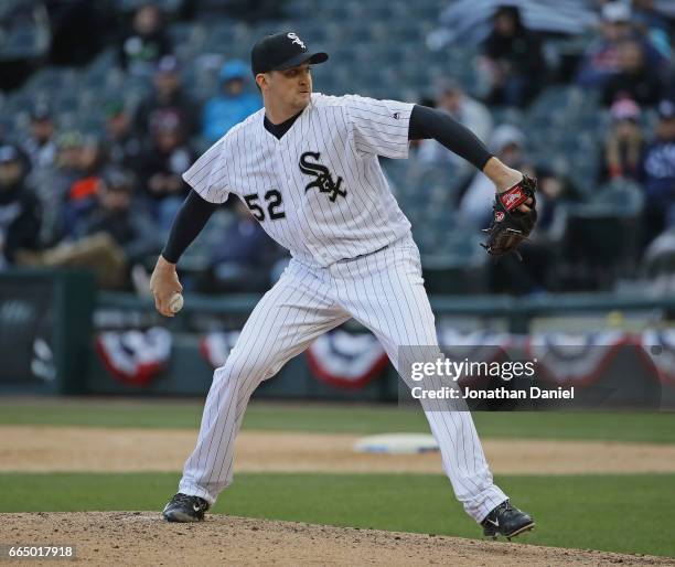 Jake Petricka of the Chicago White Sox pitches against the Detroit Tigers during the opening day game at Guaranteed Rate Field on April 4, 2017 in...