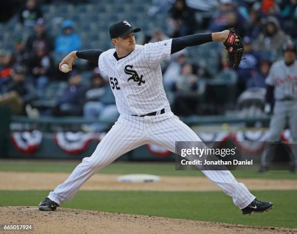 Jake Petricka of the Chicago White Sox pitches against the Detroit Tigers during the opening day game at Guaranteed Rate Field on April 4, 2017 in...