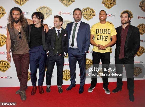 Actors Jason Momoa, Ezra Miller, director Zack Snyder, actors Ben Affleck, Ray Fisher and Henry Cavill attend the Warner Bros. Pictures presentation...