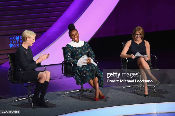 Cecile Richards, Chimamanda Ngozi Adichie, Katie Couric speaks at the Eighth Annual Women In The World Summit at Lincoln Center for the Performing...